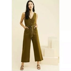 ANTHROPOLOGIE Rhian Linen Olive Green Jumpsuit 0